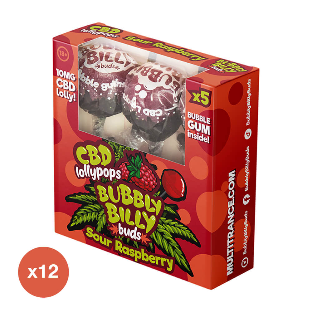 Bubbly Billy Buds 10 mg CBD Saure Himbeer-Lollis mit Kaugummi darin – Geschenkbox (5 Lollis)